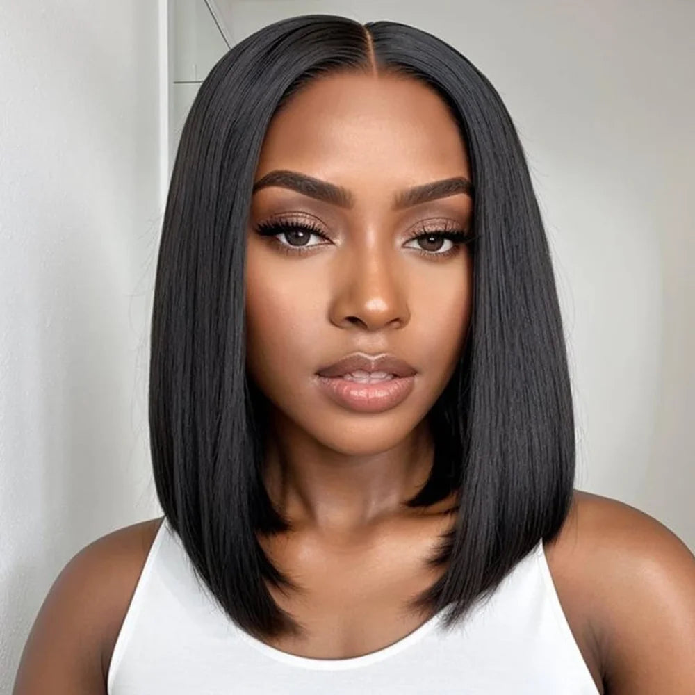 Straight Bob Human Hair Pre Plucked Frontal Lace Glueless Wigs