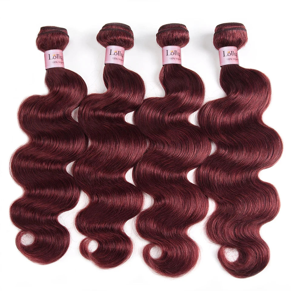 Body Wave Human Hair Bundles With Closure - Burgundy Color in Various Lengths