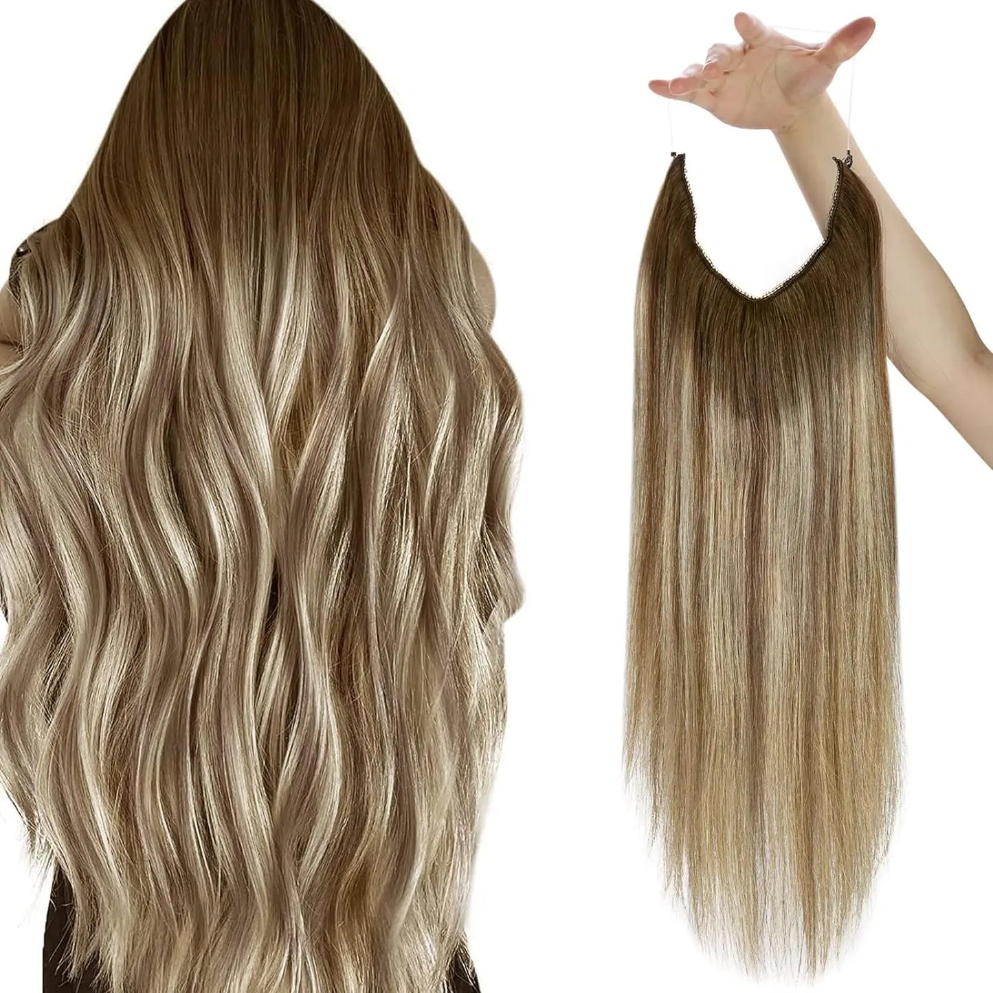 Fish Line Human Hair Extension - One Piece Invisible Wire Hair Weft with 2 Clips