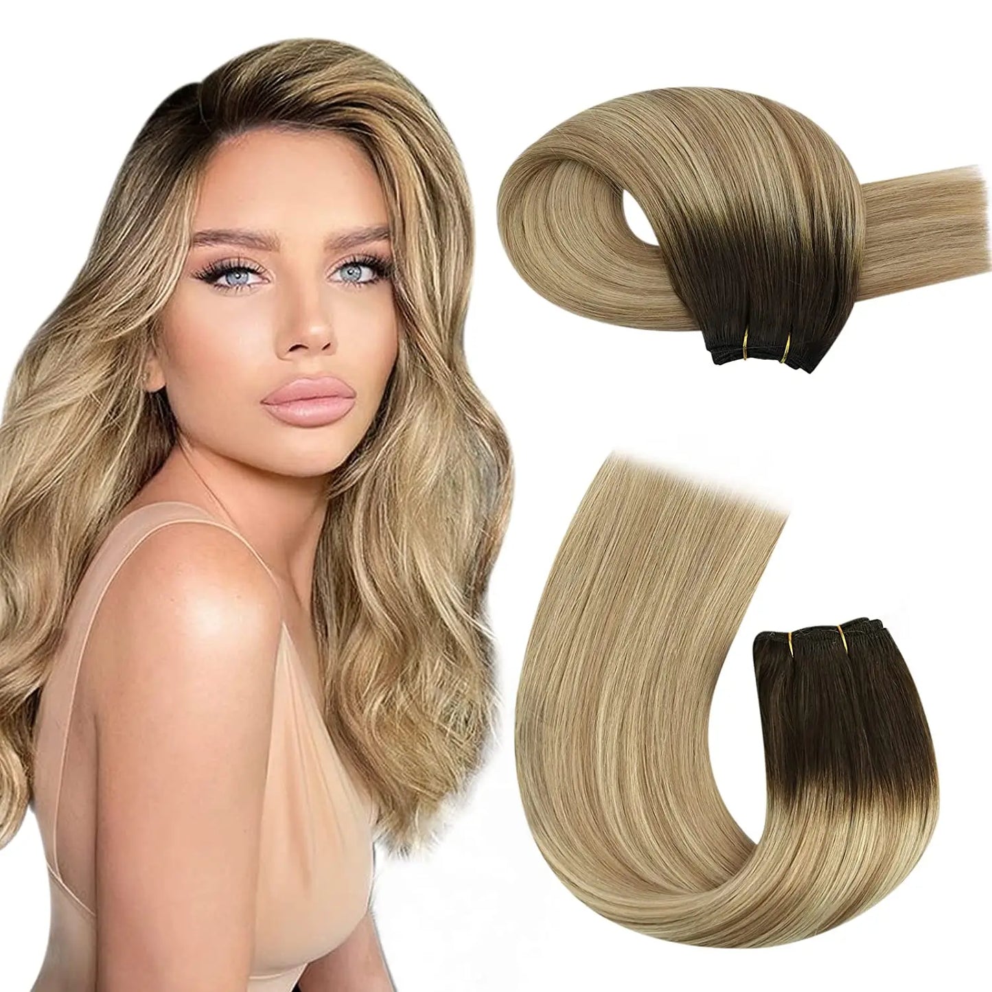 Straight Human Hair Bundles Weave Balayage Hair Pieces