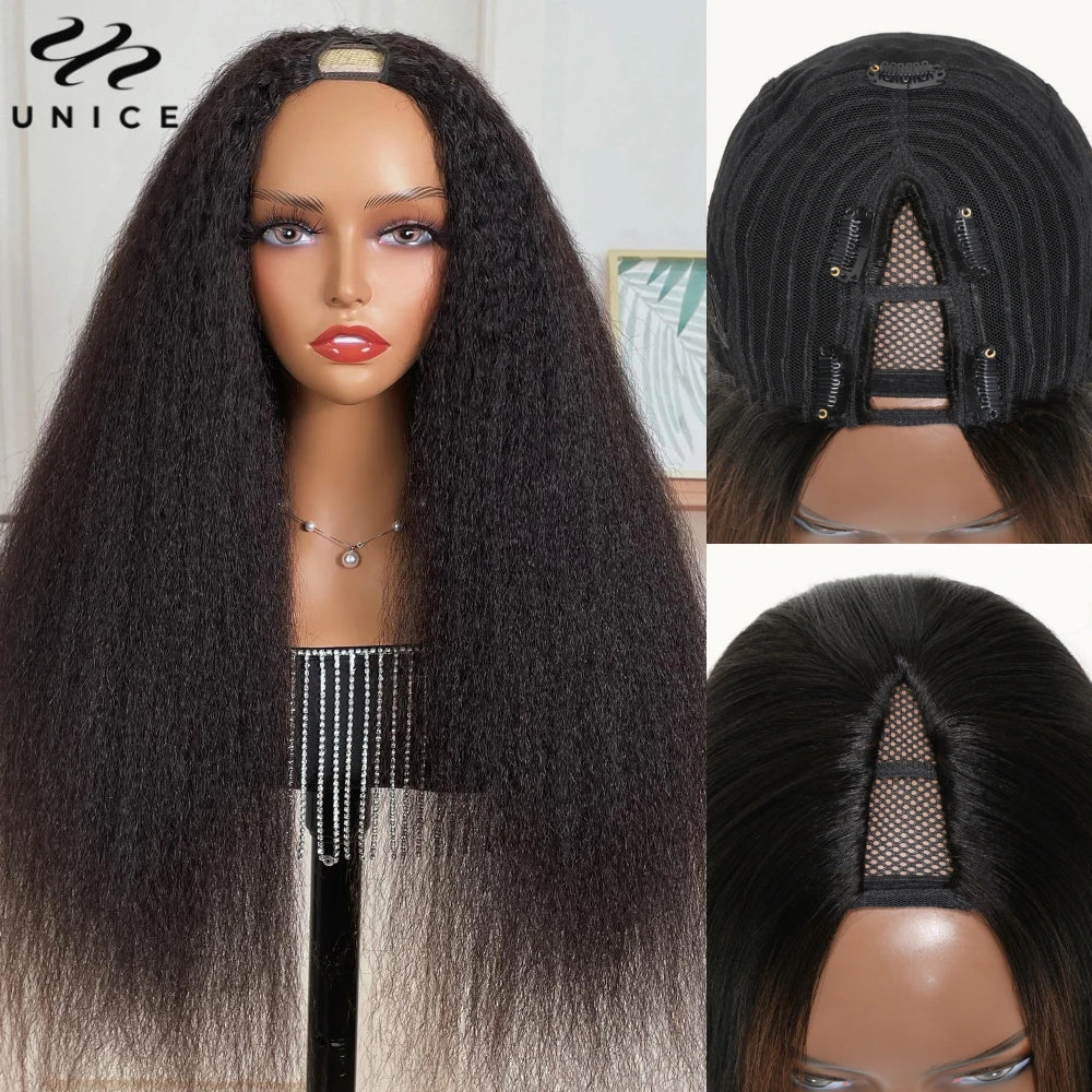 Kinky Straight V & U Part Human Hair Wigs With Drawstring and Minimal Leave Out