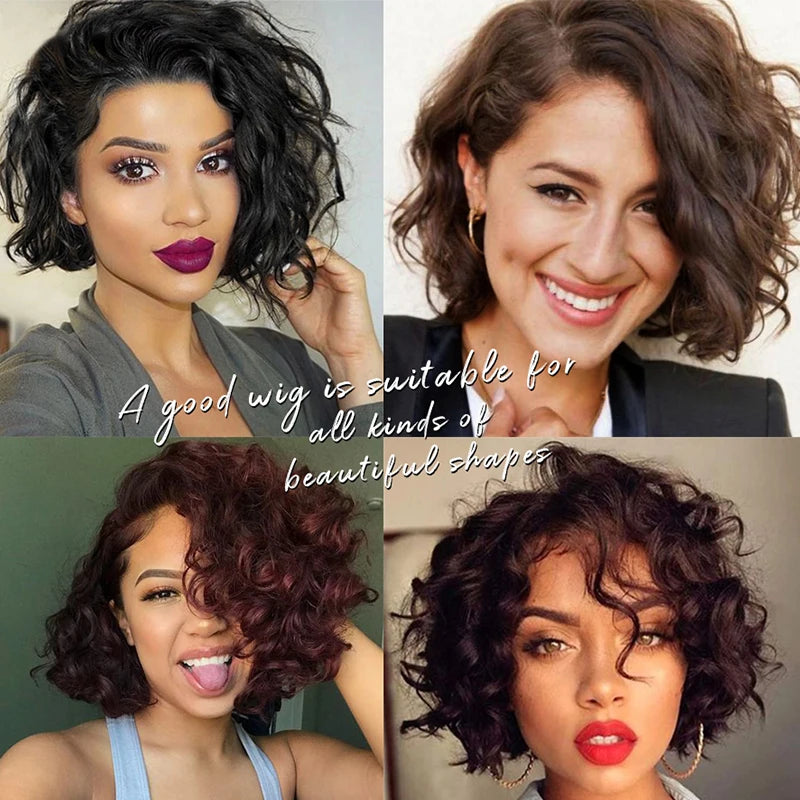 Short Curly Wave Bob Transparent Lace Front Human Hair Wigs - Various Colors Available