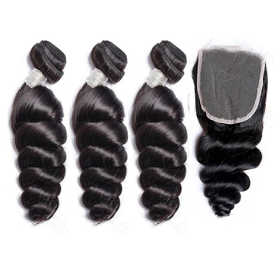 Loose Wave Human Hair Bundles With Lace Closure - Various Lengths