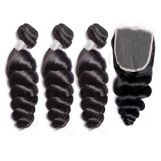 Loose Wave Human Hair Bundles With Lace Closure - Various Lengths