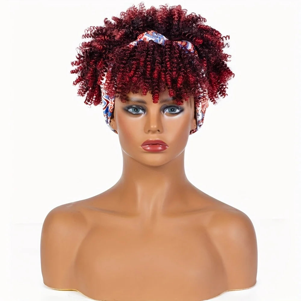 Short Kinky Curly Headband Synthetic Wigs With Bangs - Various Headband and Hair Colors Available