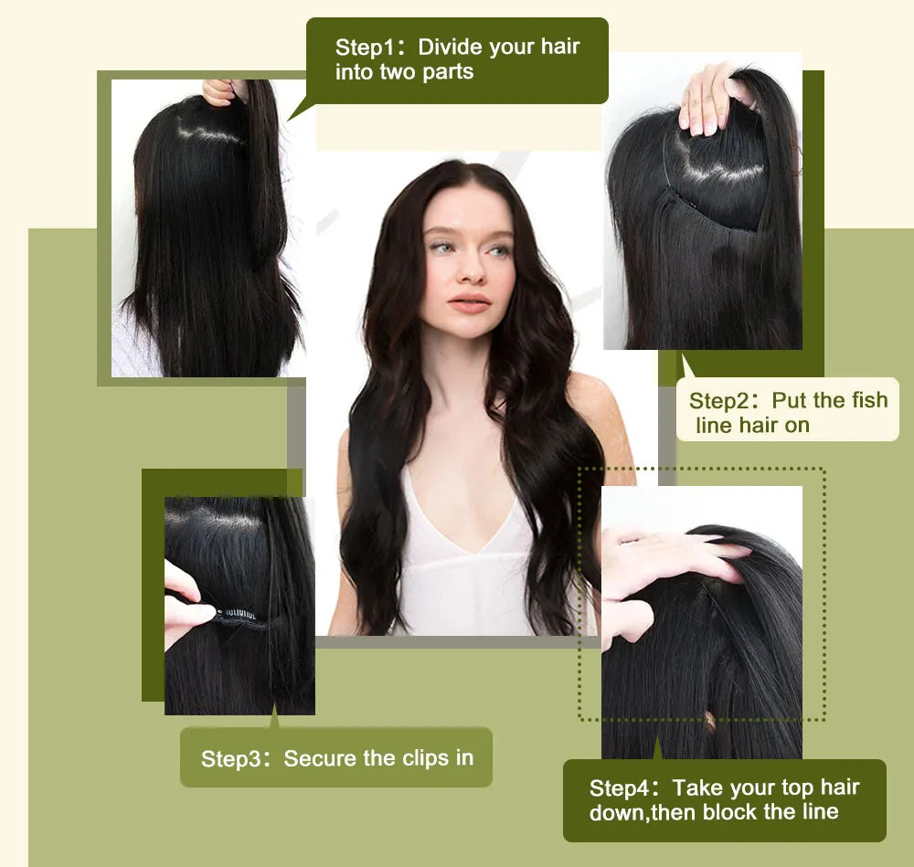 Fish Line Human Hair Extension - One Piece Invisible Wire Hair Weft with 2 Clips