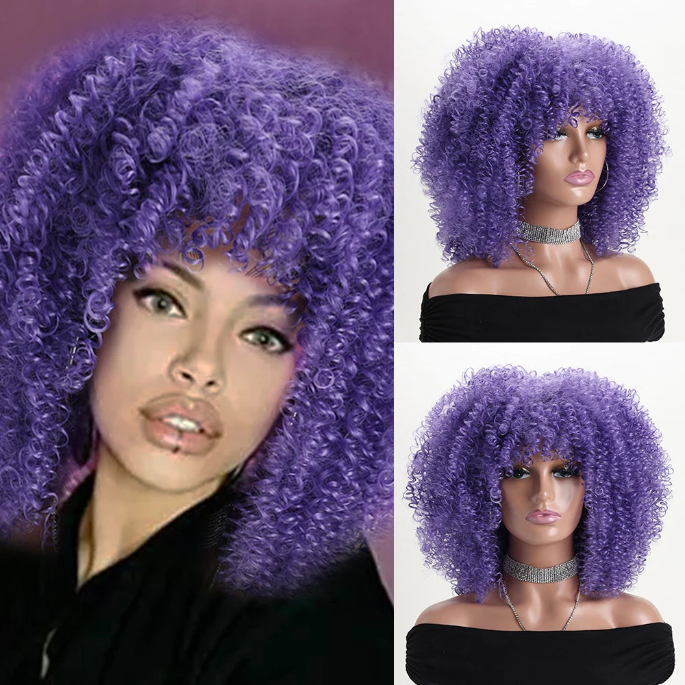 Synthetic 16 Inch Afro Kinky Curly Wigs With Bangs - Various Colors Available