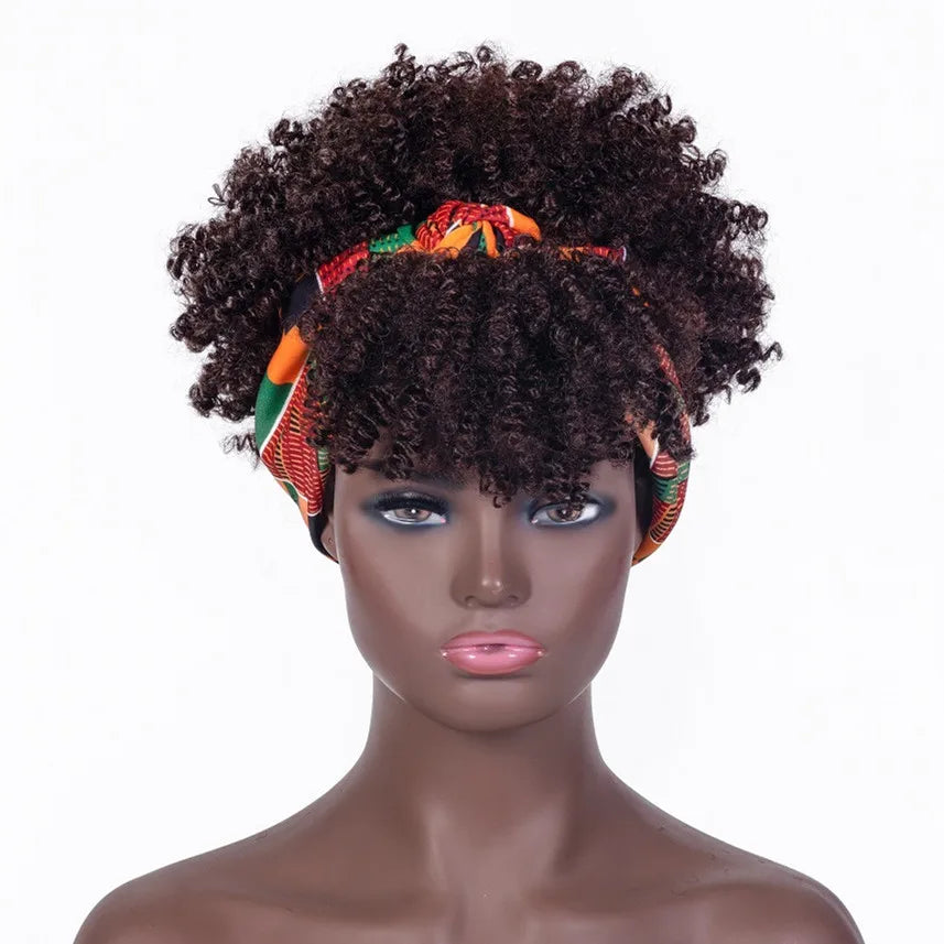 Headband Kinky Curly Synthetic Wigs with Bangs - Various Headband and Hair Colors Available