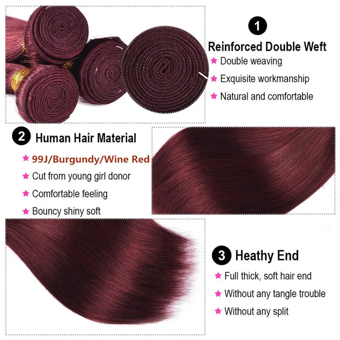 Wine Red #99J Remy Silky Straight Unprocessed Virgin Human Hair Bundles