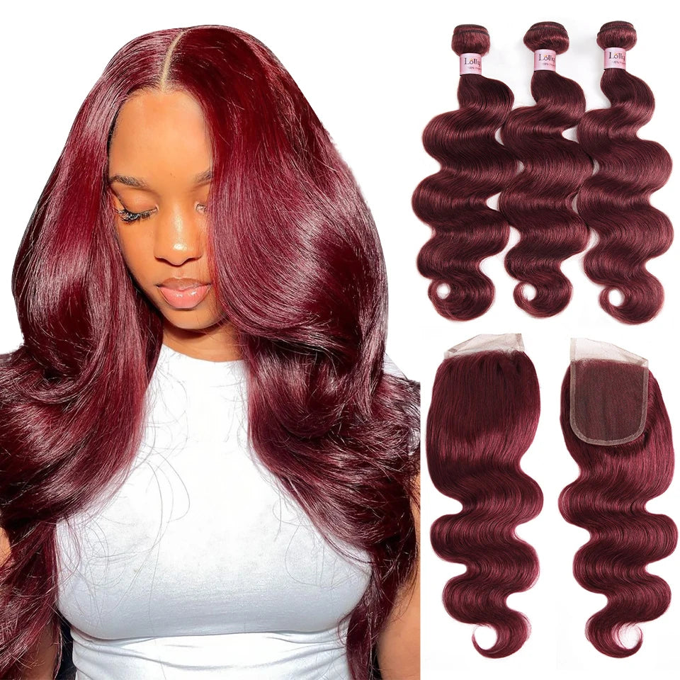 Body Wave Human Hair Bundles With Closure - Burgundy Color in Various Lengths