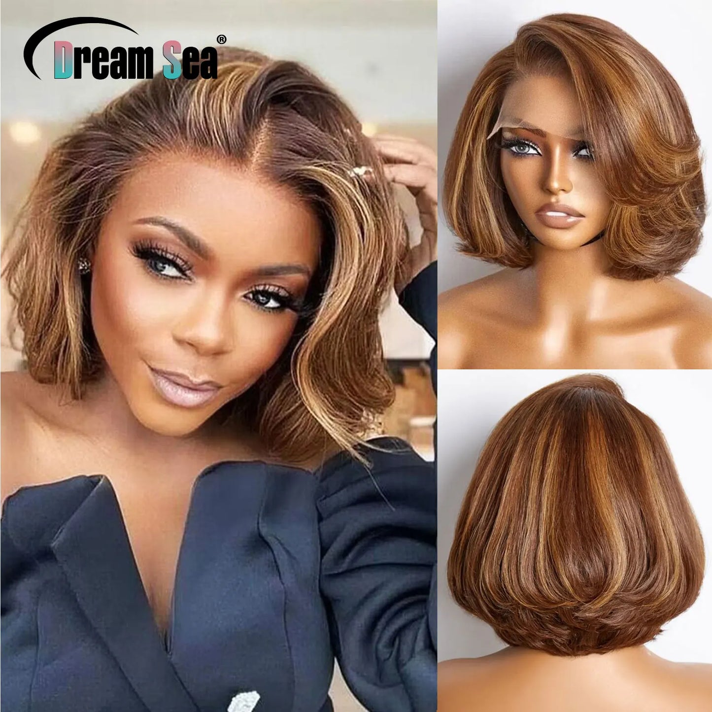 Short Pixie Cut Bob Lace Front Wig -  Blonde Highlight & Natural Colors Available