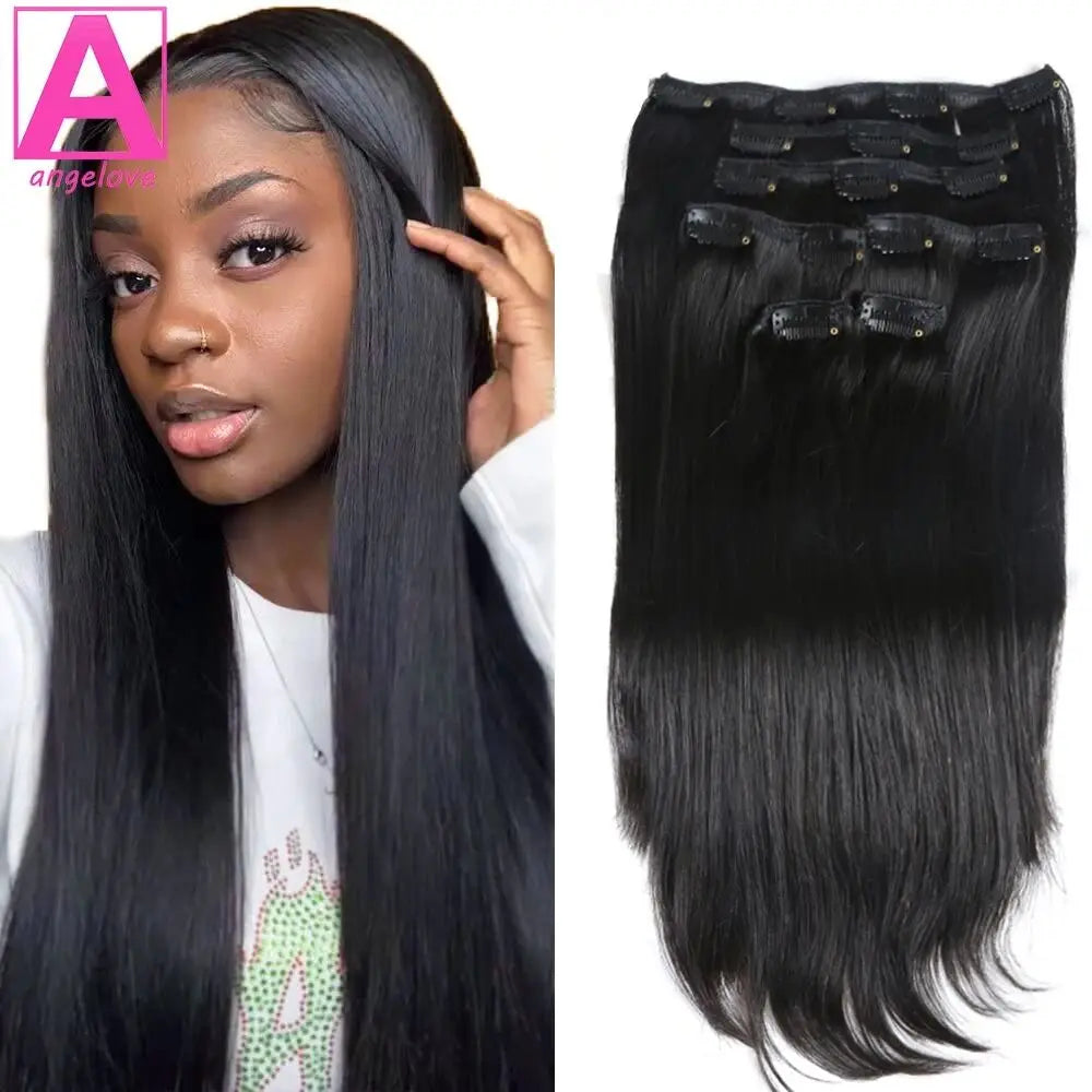 Straight Clip - In Human Hair Extensions, 8pcs Set - Various Colors Available
