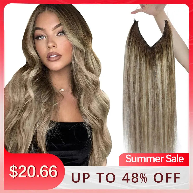 Fish Line Human Hair Extension - One Piece Invisible Wire Hair Weft with 2 Clips