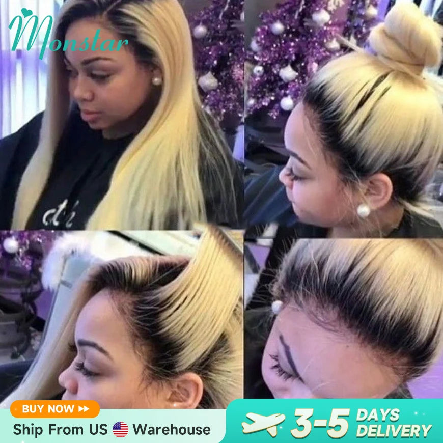 Dark Root 1B 613 Ombre Blonde13 Brazilian Straight  - Full Lace Front Human Hair Wig