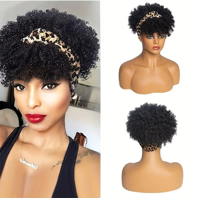 Short Kinky Curly Headband Synthetic Wigs With Bangs - Various Headband and Hair Colors Available