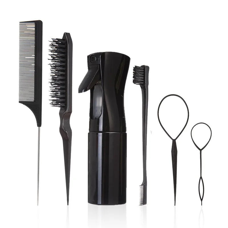 6PC Hair Brush Set - Includes Spray Bottle, 2 Hair Braiding Loops, Rat Tail Comb, Teasing Hair Brush & Edge Control Brush