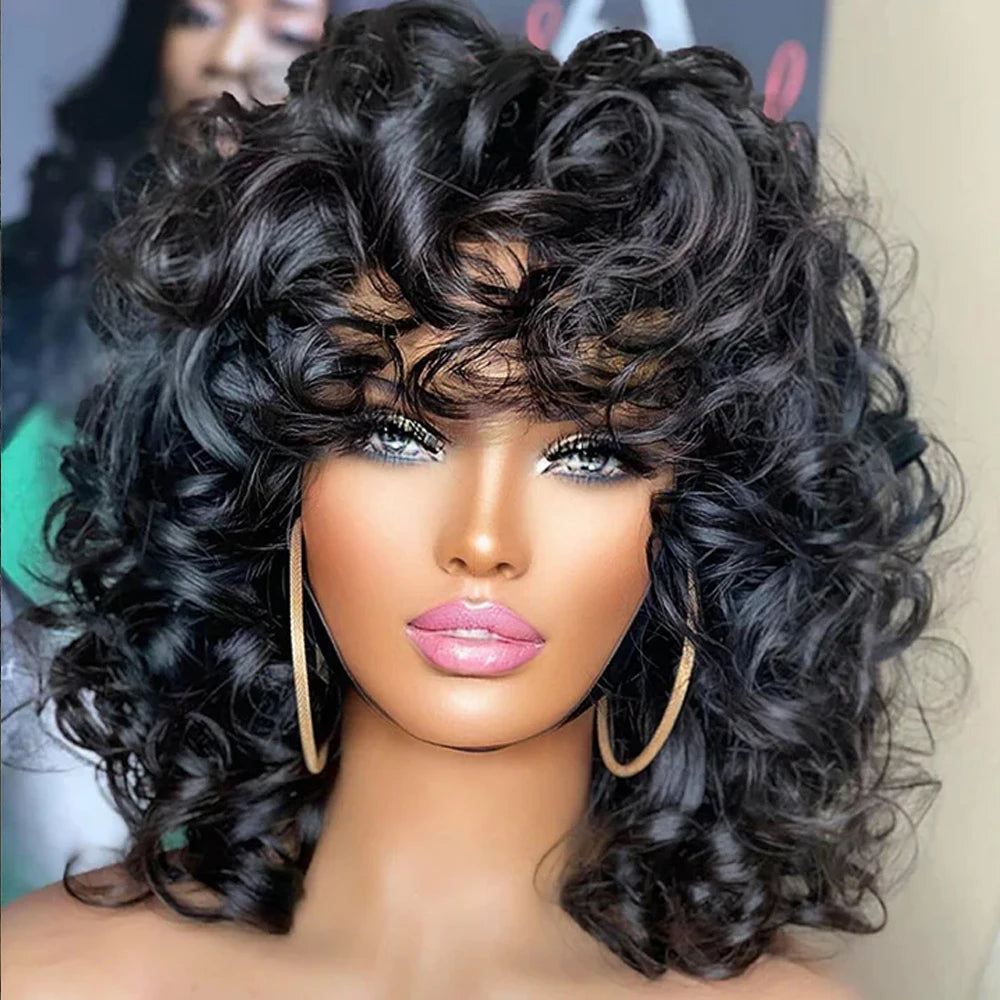 Afro Rose Curly Human Hair Wig with Bangs