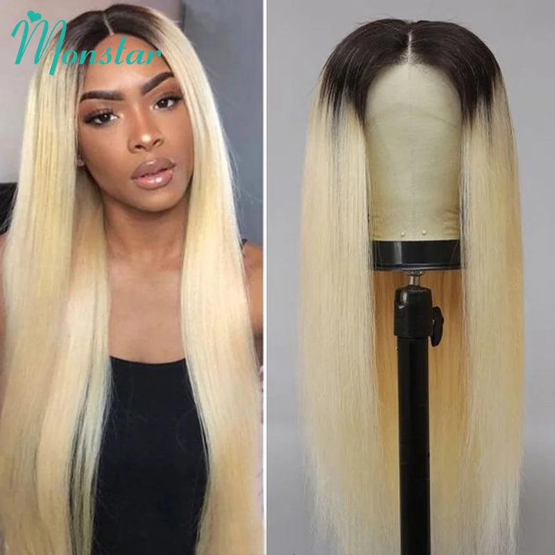 Dark Root 1B 613 Ombre Blonde13 Brazilian Straight  - Full Lace Front Human Hair Wig