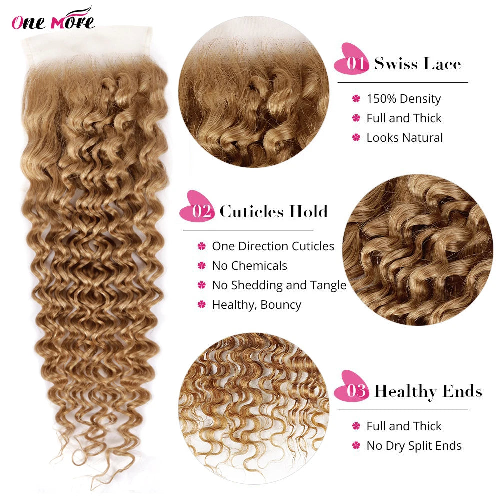 #27 Honey Blonde Deep Wave Human Hair Transparent Lace Closure or Frontal