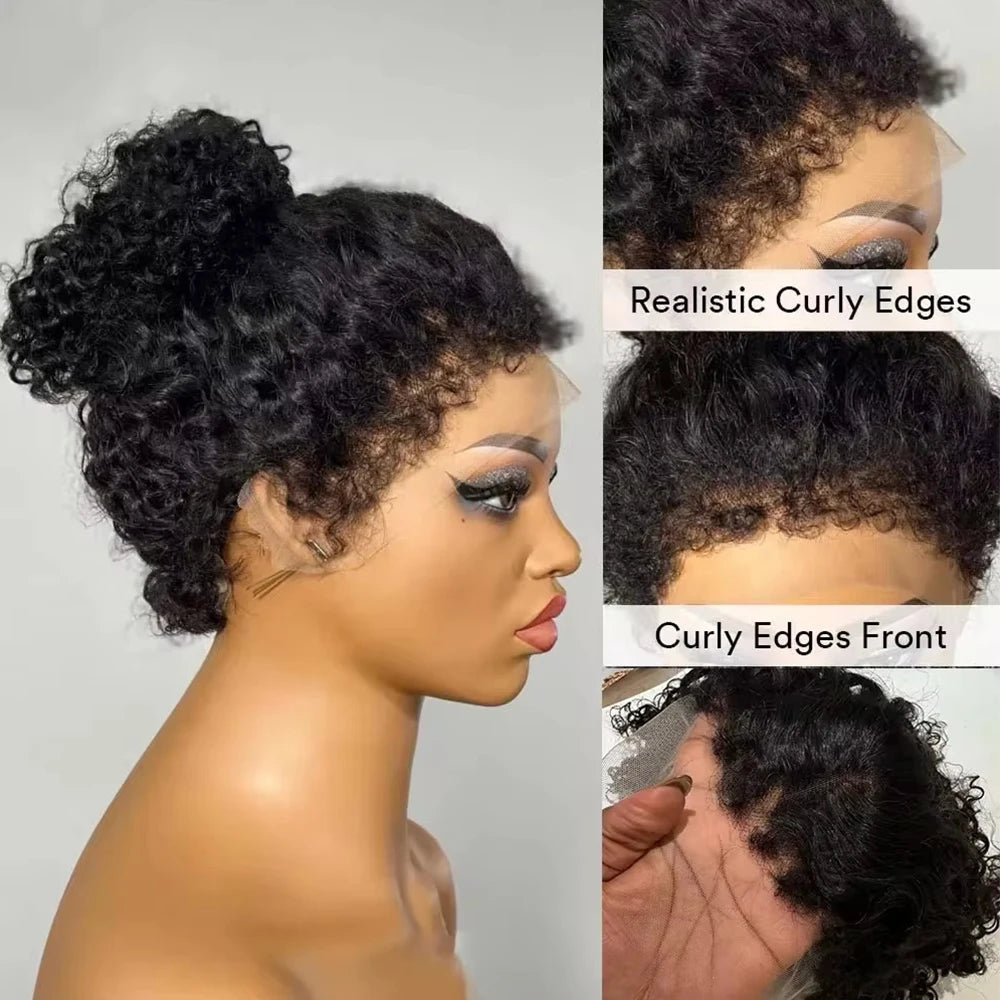 Short Bob Kinky Curly Transparent Frontal Wig With 4C Edges Lace