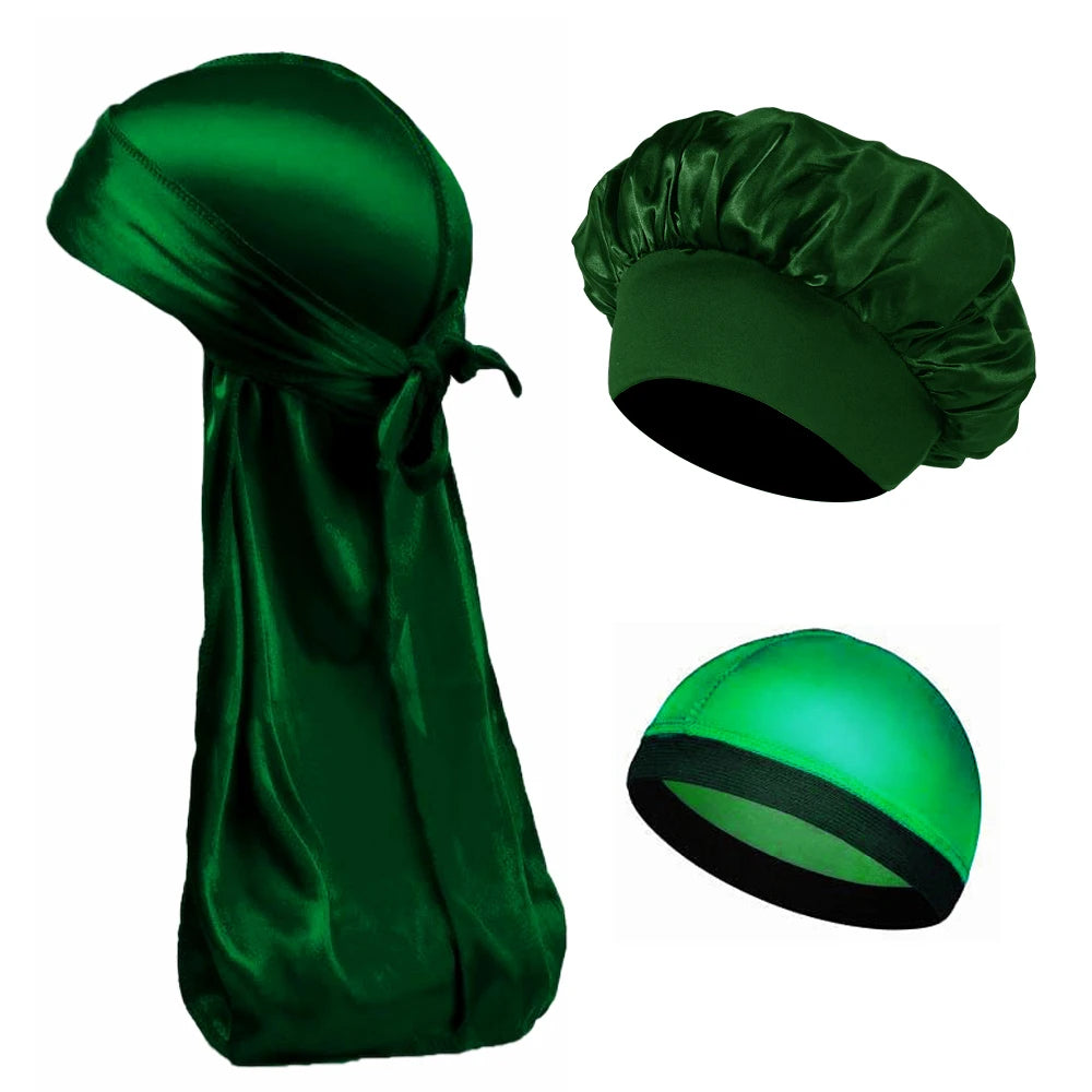 3PCS High Quality Satin Silky Unisex Bonnet, Head Wrap Elastic Band Cap, Durag, Sleeper Cap