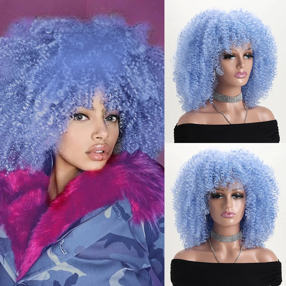 Synthetic 16 Inch Afro Kinky Curly Wigs With Bangs - Various Colors Available