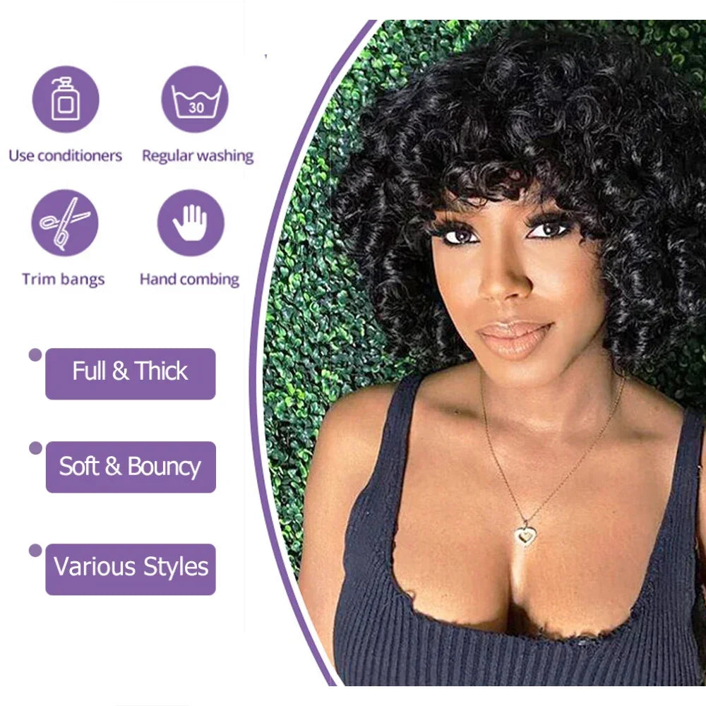 Big Curly Bob Glueless Human Hair Wig With Bangs