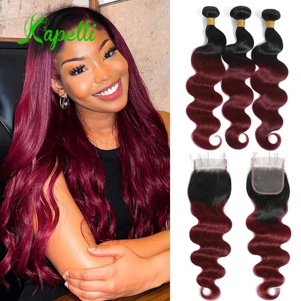 1B99J Body Wave Bundles With Closure Brazilian Human Hair