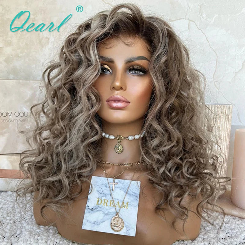 Loose Curly Pre Plucked HD Lace Front Free Parting Ombre Ash Blonde Brown Highlights Wig