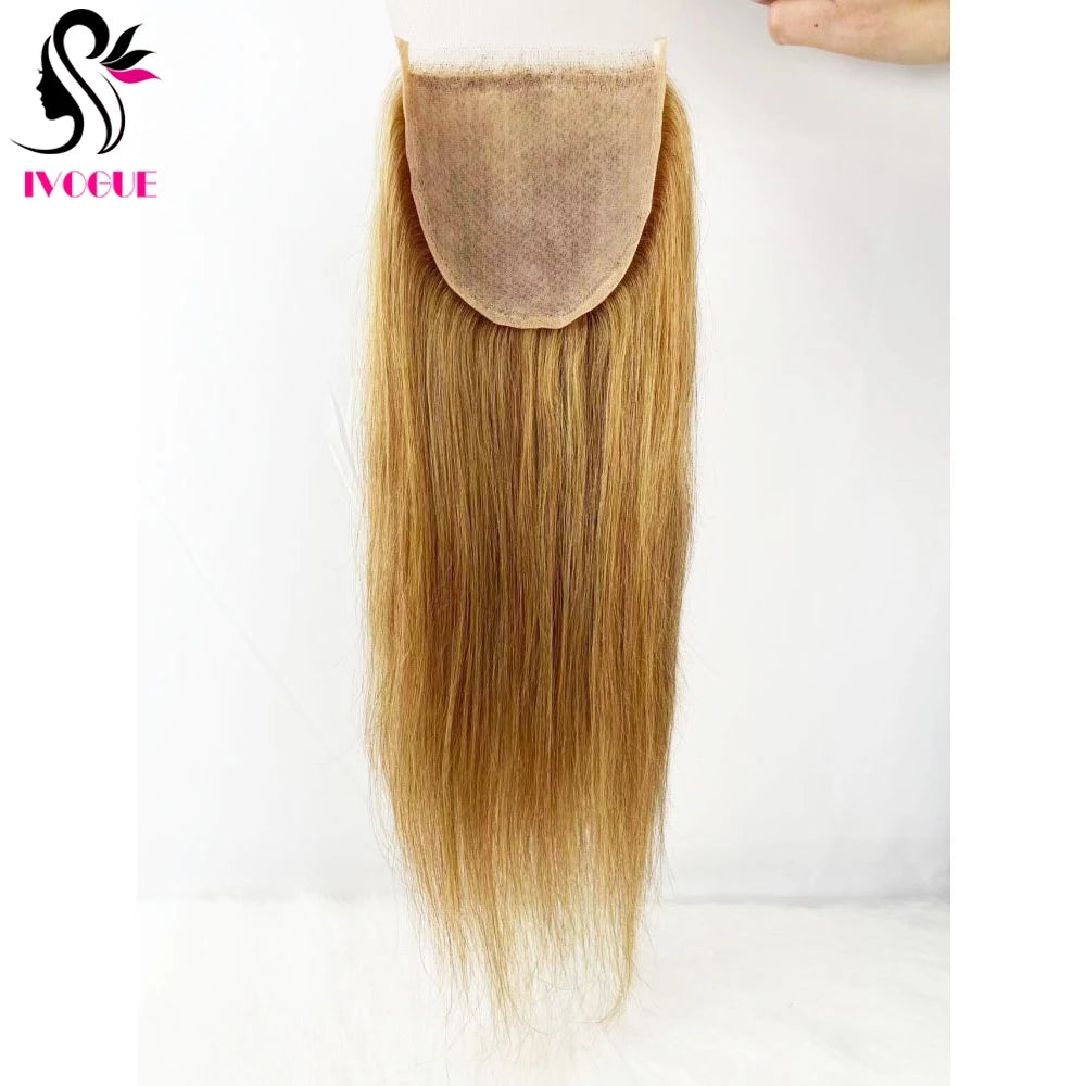 Golden Blonde #27 Human Hair Skin Base Silicone Silk Top Lace Closure Pre Plucked with Baby Hair & Free Part