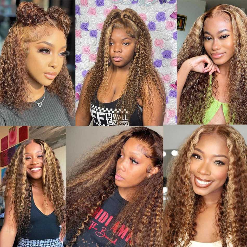 Deep Wave Curly Highlight Honey Brown Lace Front - Human Hair Wigs