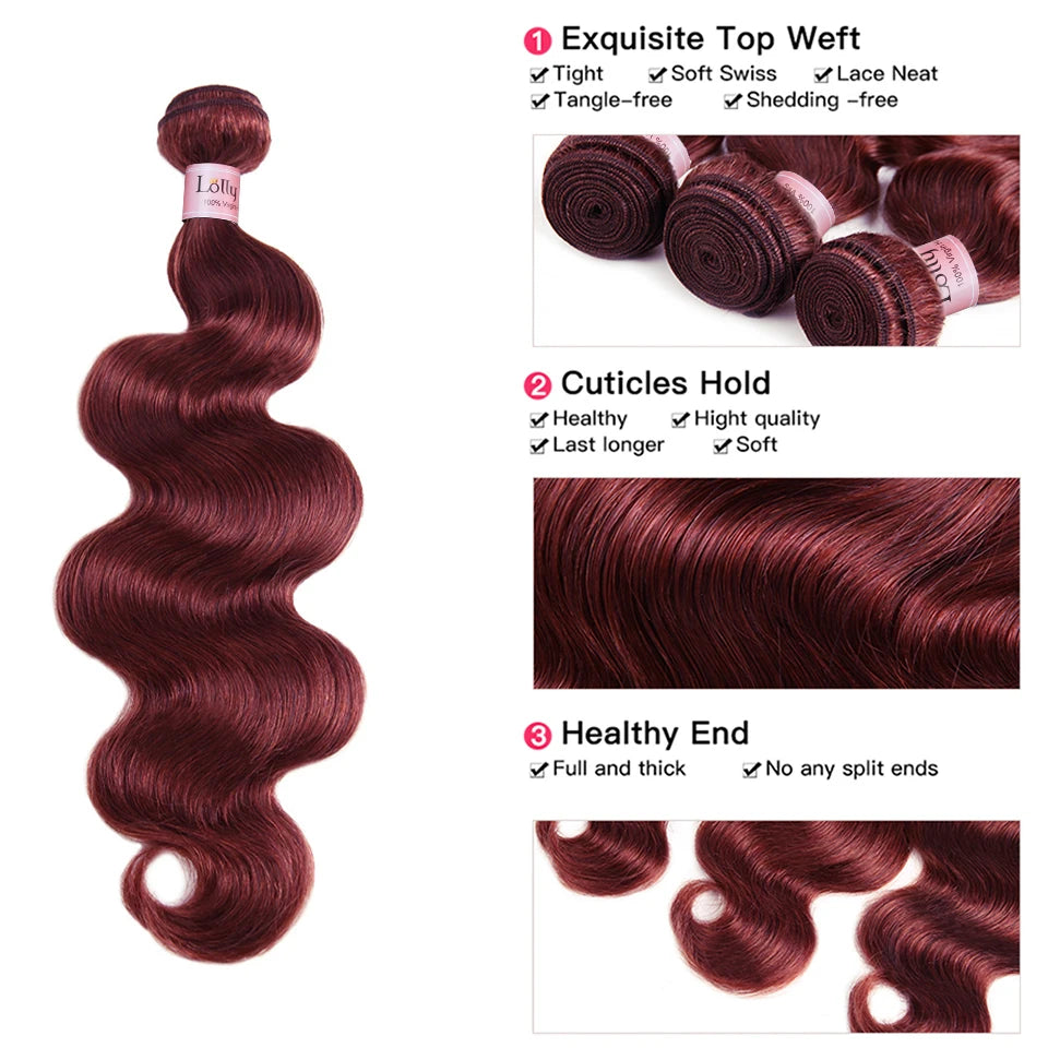 Body Wave Human Hair Bundles With Closure - Burgundy Color in Various Lengths