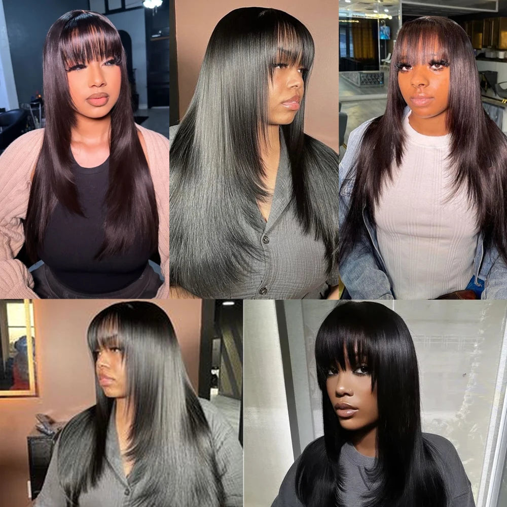 Synthetic Straight Layered Cut HD Lace Wigs With Bangs - Cinnamon and Black Colors Available
