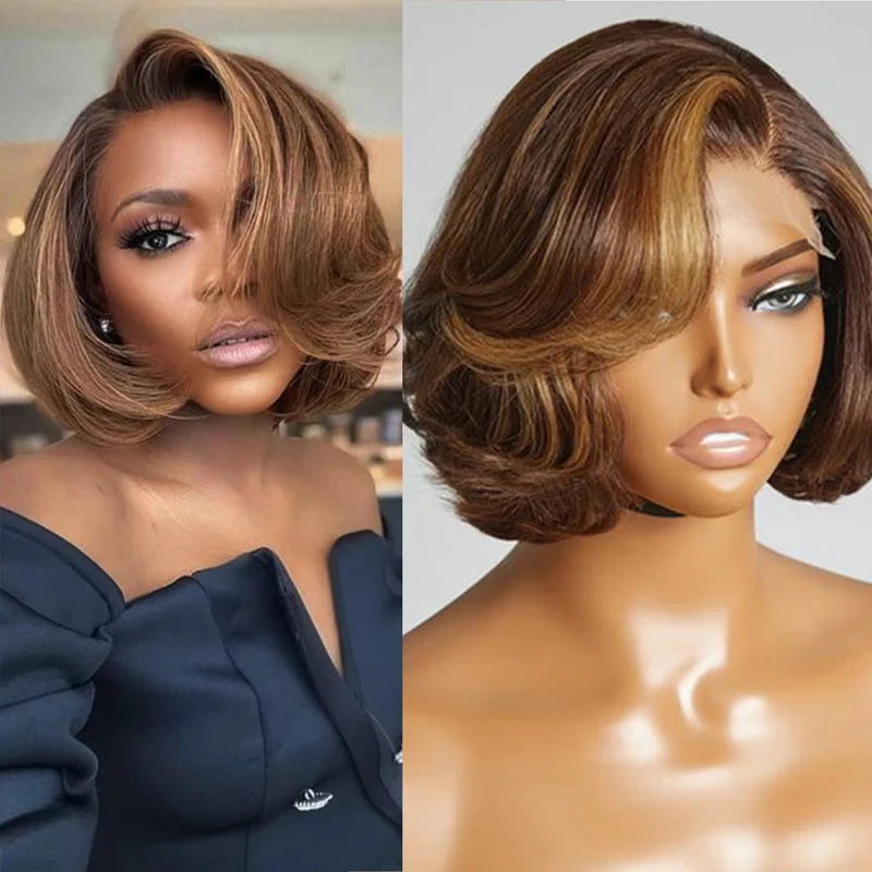 Short Body Wave Honey Blonde Highlight Lace Front Bob Glueless Human Hair Wig