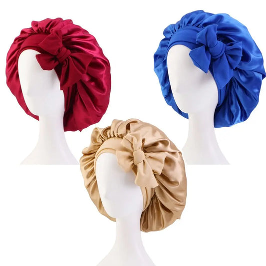 Silk Bonnet Sleeping Caps With Bow Headband