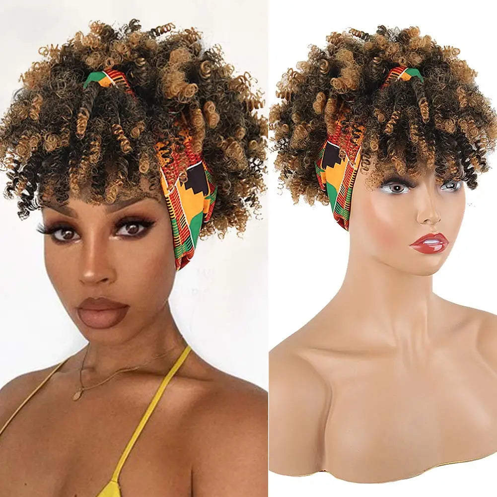 Short Afro Kinky Curly Headband Synthetic Wigs