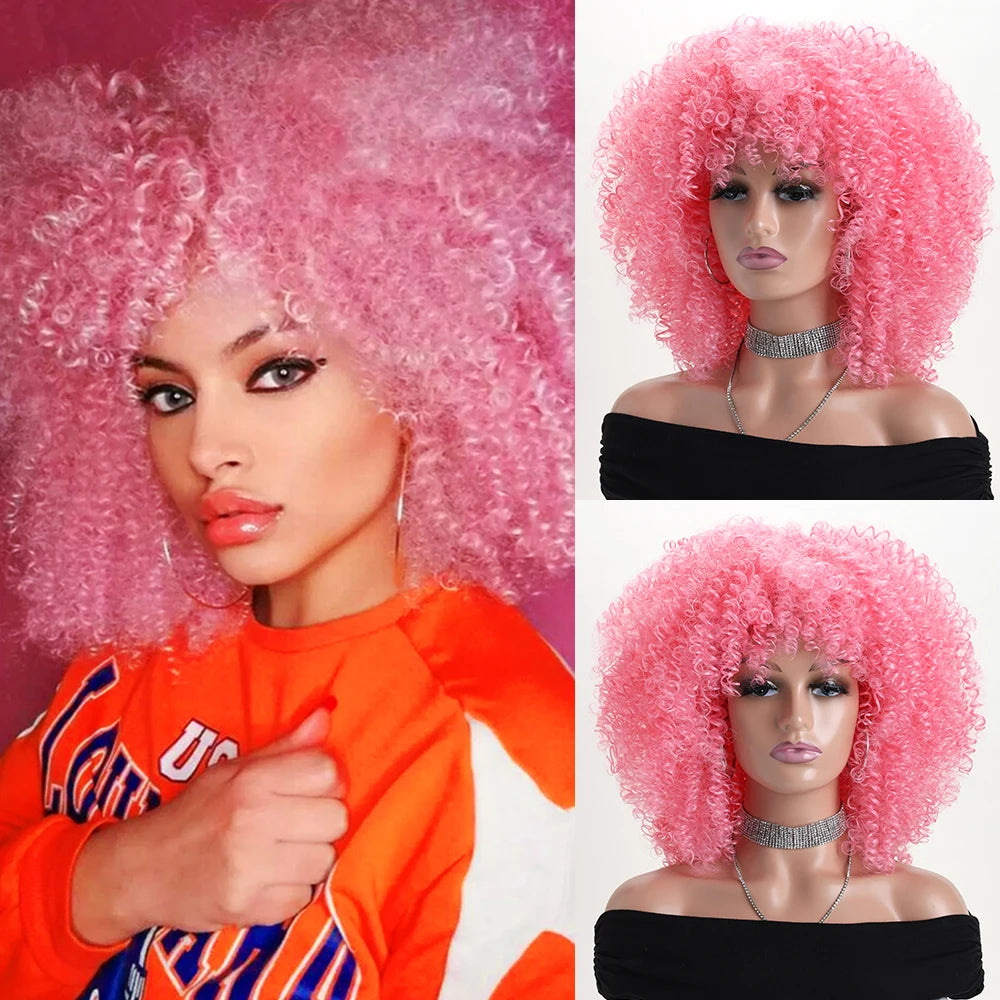 Synthetic 16 Inch Afro Kinky Curly Wigs With Bangs - Various Colors Available