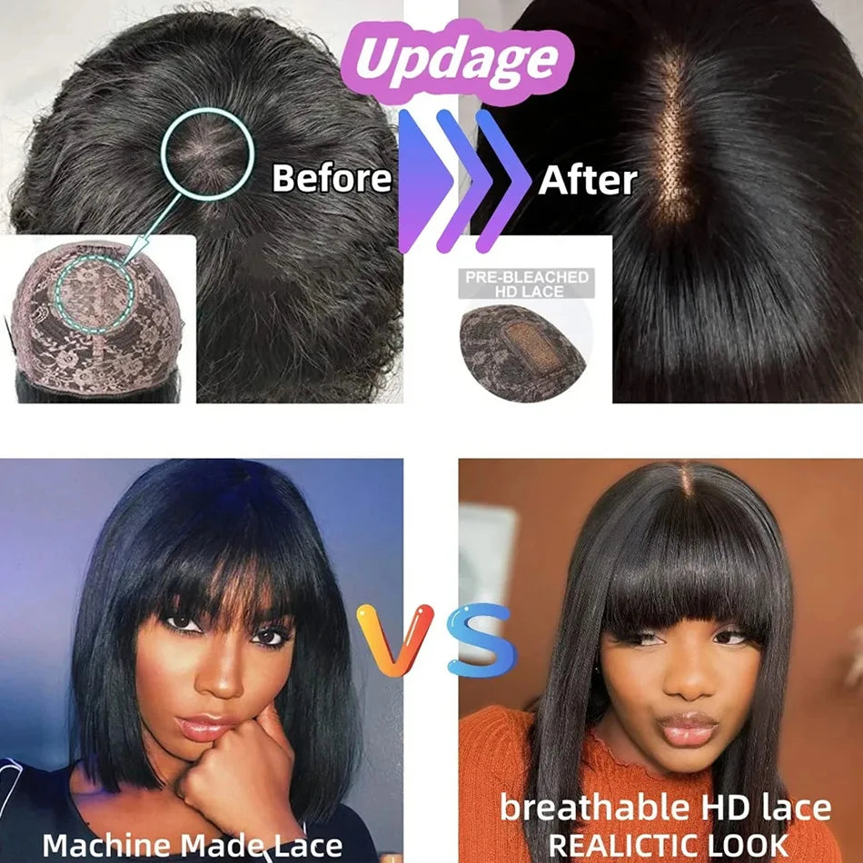 Wiggogo Bone Straight Bob With Bangs - Middle Part Lace Human Hair Wig