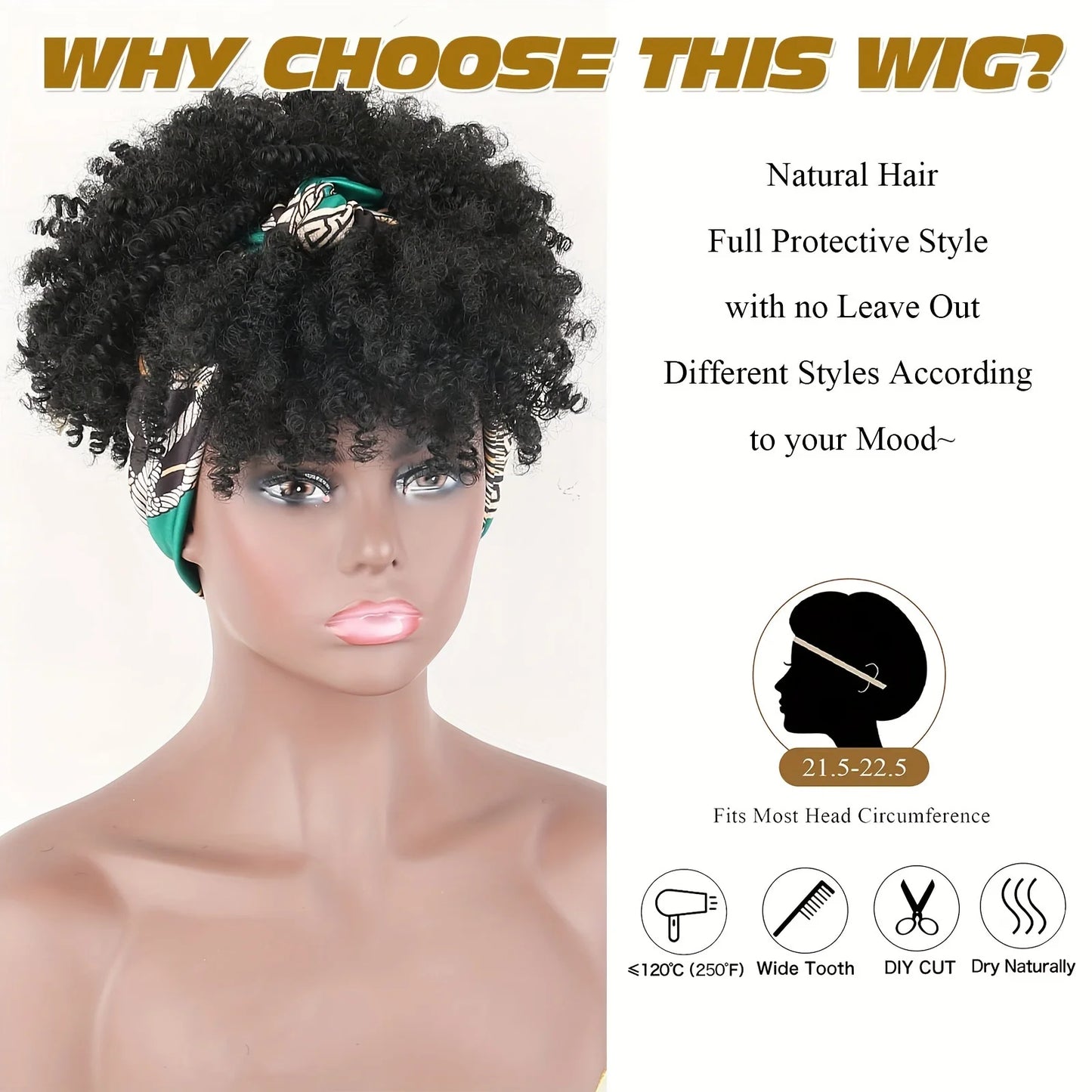 Short Kinky Curly Headband Synthetic Wigs With Bangs - Various Headband and Hair Colors Available