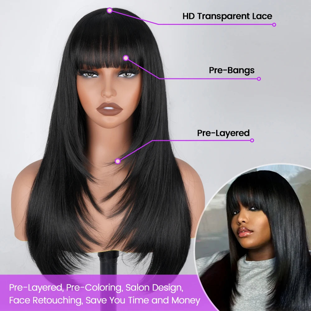Synthetic Straight Layered Cut HD Lace Wigs With Bangs - Cinnamon and Black Colors Available