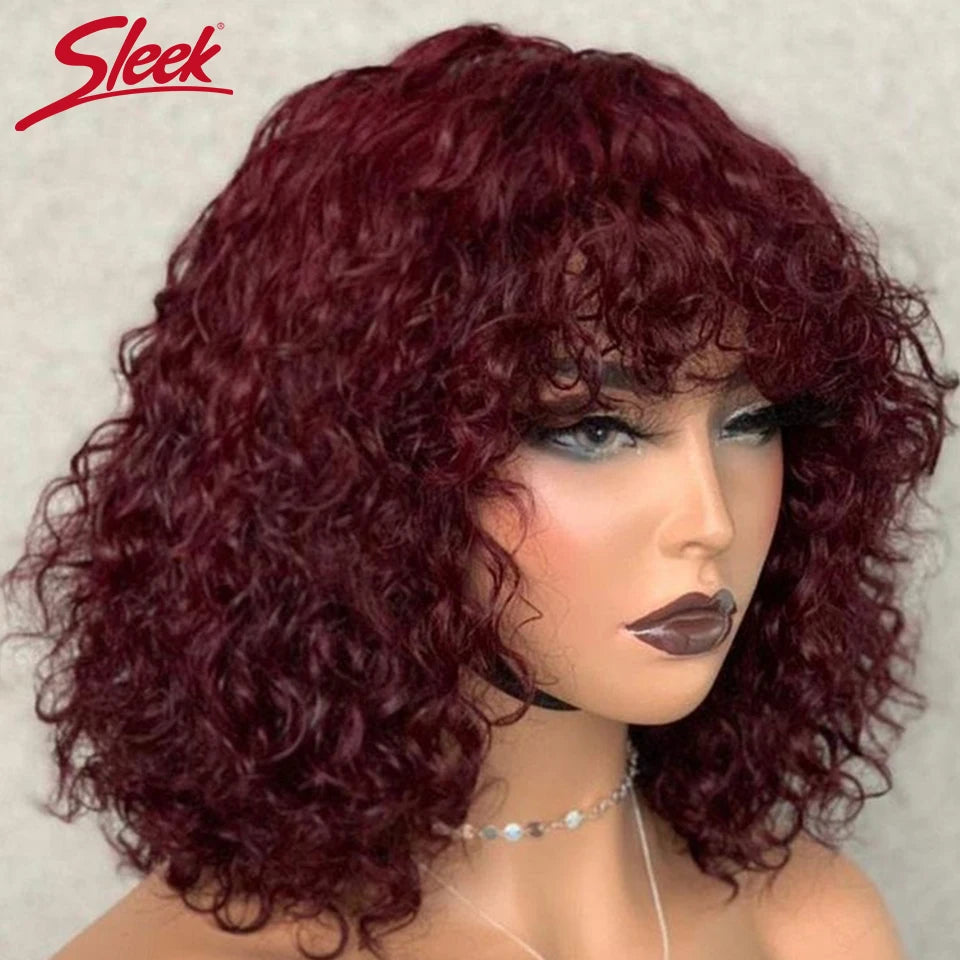 Curly Wave Short Pixie Bob Cut With Bangs Human Hair Glueless Wigs -Various Colors Available