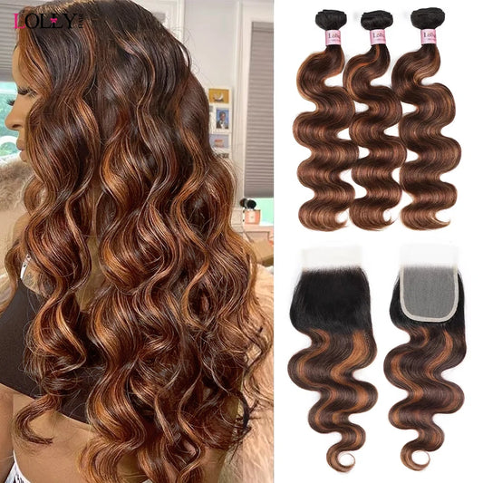 FB 30 Brown Highlight Body Wave With 3 Bundles Lace Closure