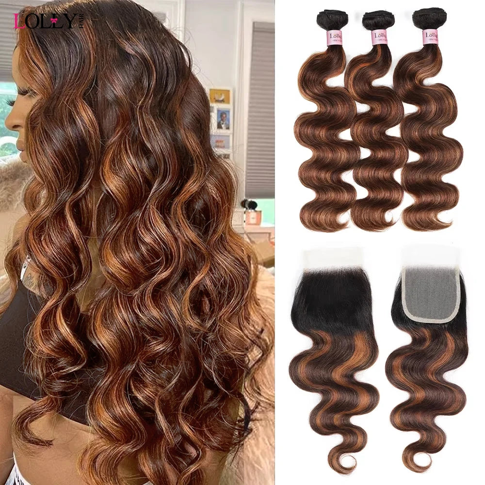 FB 30 Brown Highlight Body Wave With 3 Bundles Lace Closure