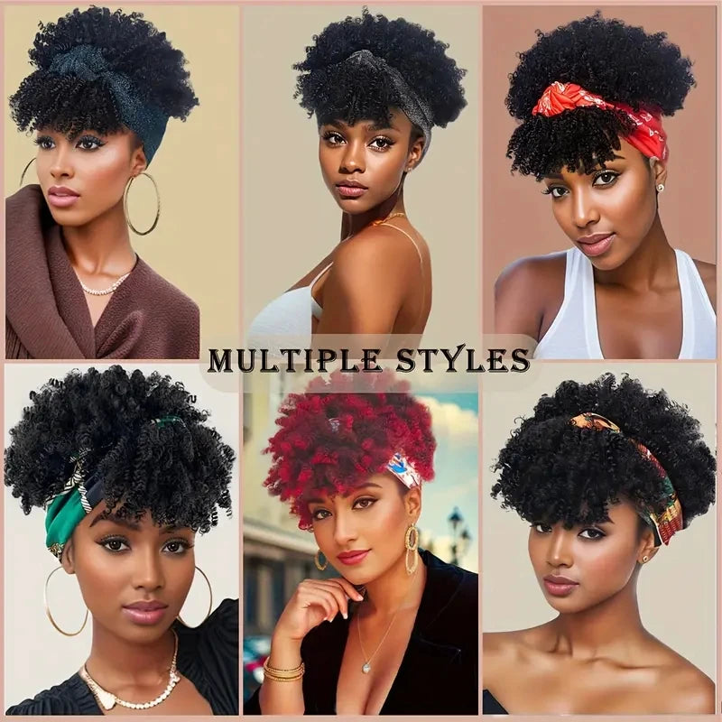 Short Kinky Curly Headband Synthetic Wigs With Bangs - Various Headband and Hair Colors Available
