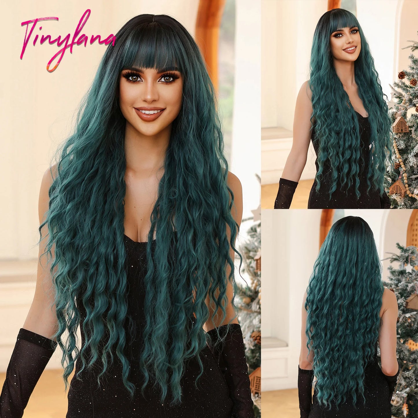 Long Curly Wavy Synthetic Wigs with Bangs