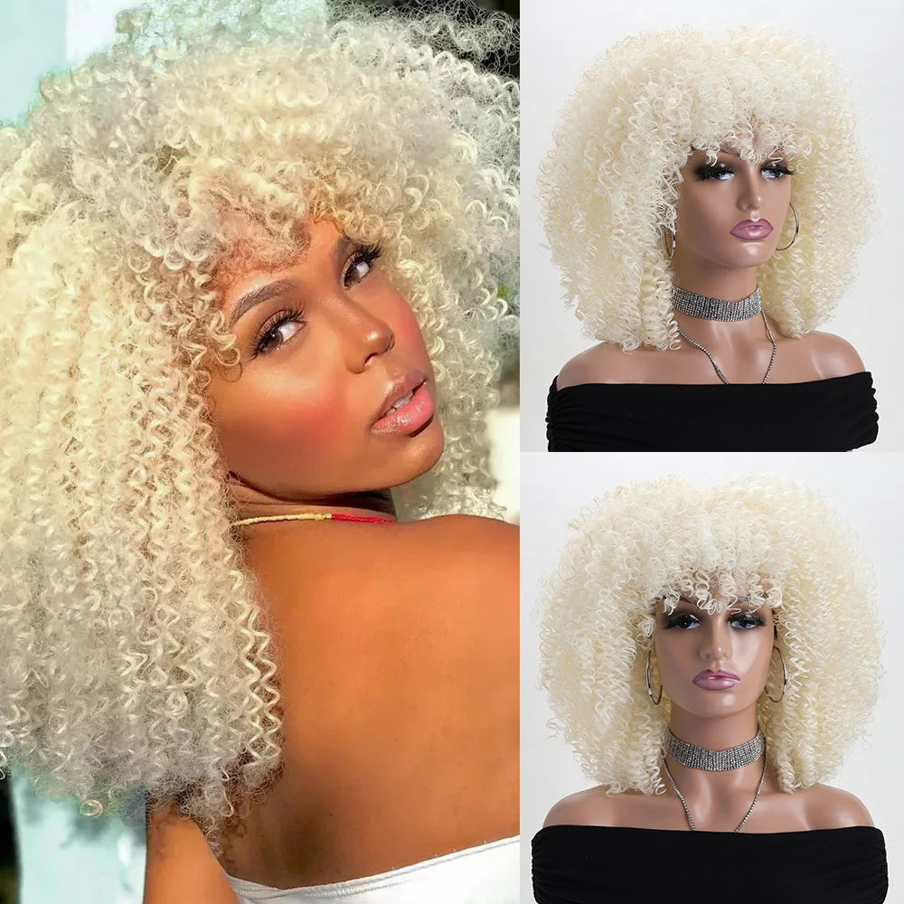 Synthetic 16 Inch Afro Kinky Curly Wigs With Bangs - Various Colors Available