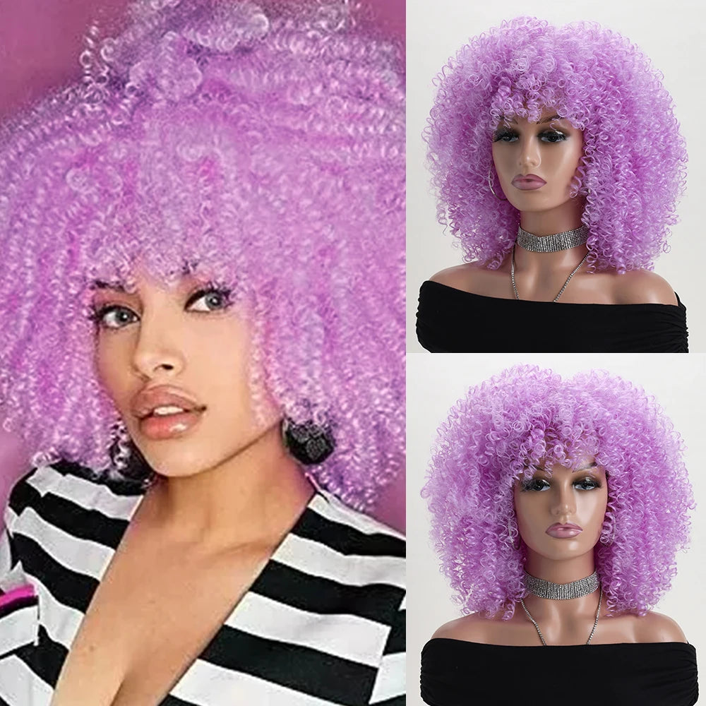 Synthetic 16 Inch Afro Kinky Curly Wigs With Bangs - Various Colors Available