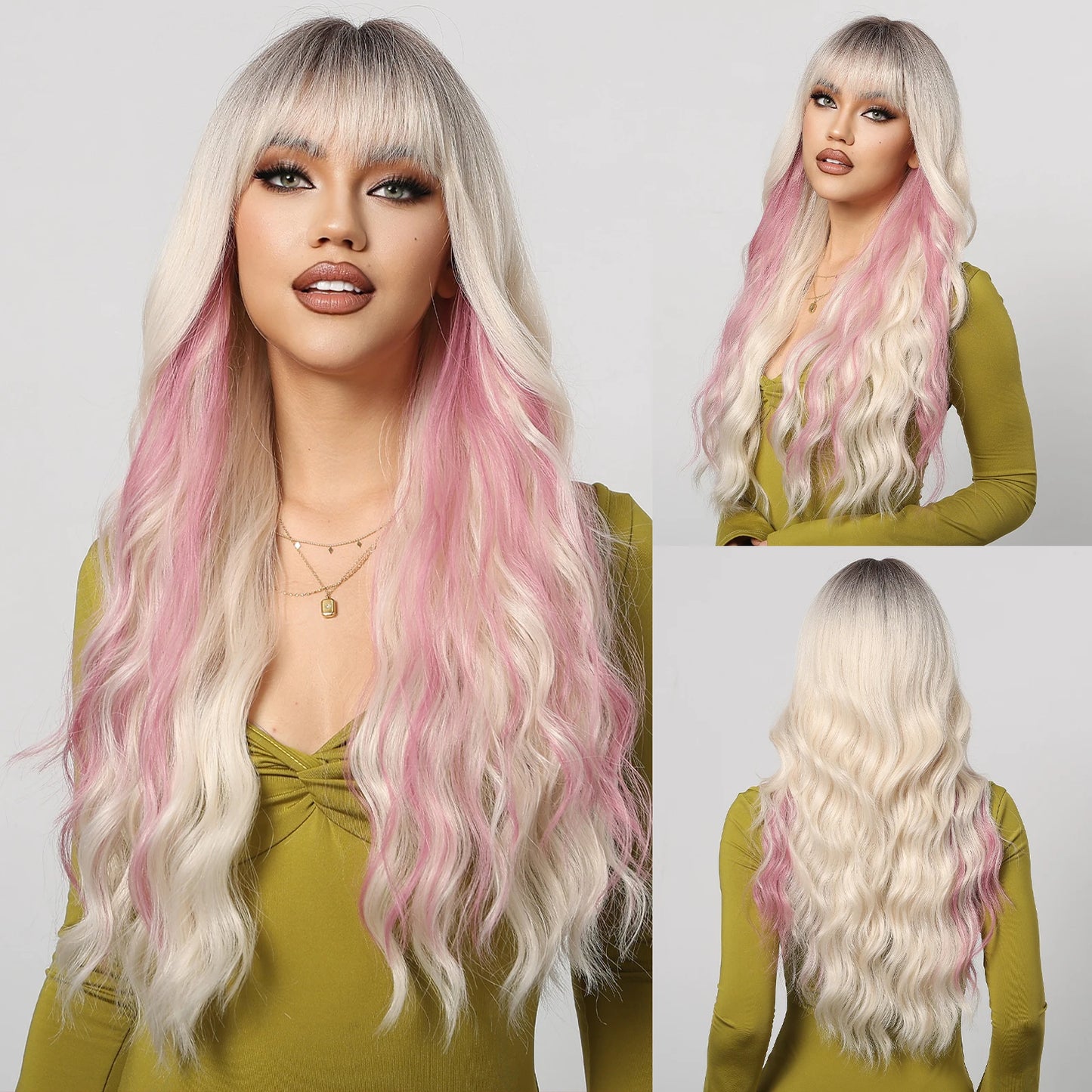 Long Wavy Synthetic Hair Wigs with Bangs - Various Colors Available