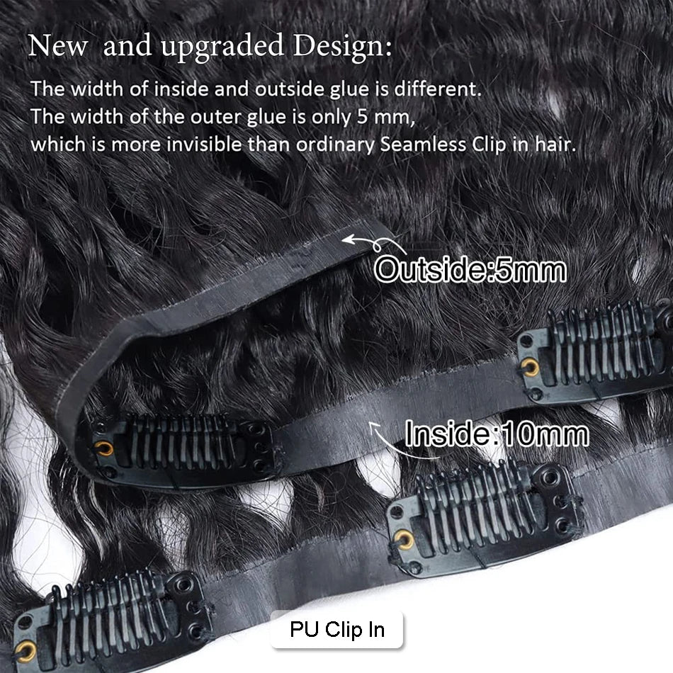 Burmese Water Wave Curly Seamless PU Human Hair Clip Ins