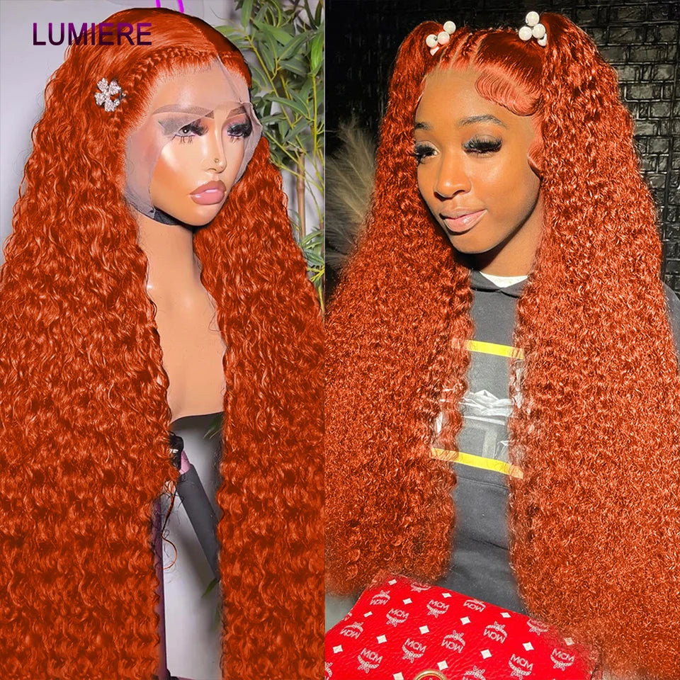 Ginger Orange Deep Water Curly Wave 100% Human Hair Brazilian Transparent Lace Frontal or Closures